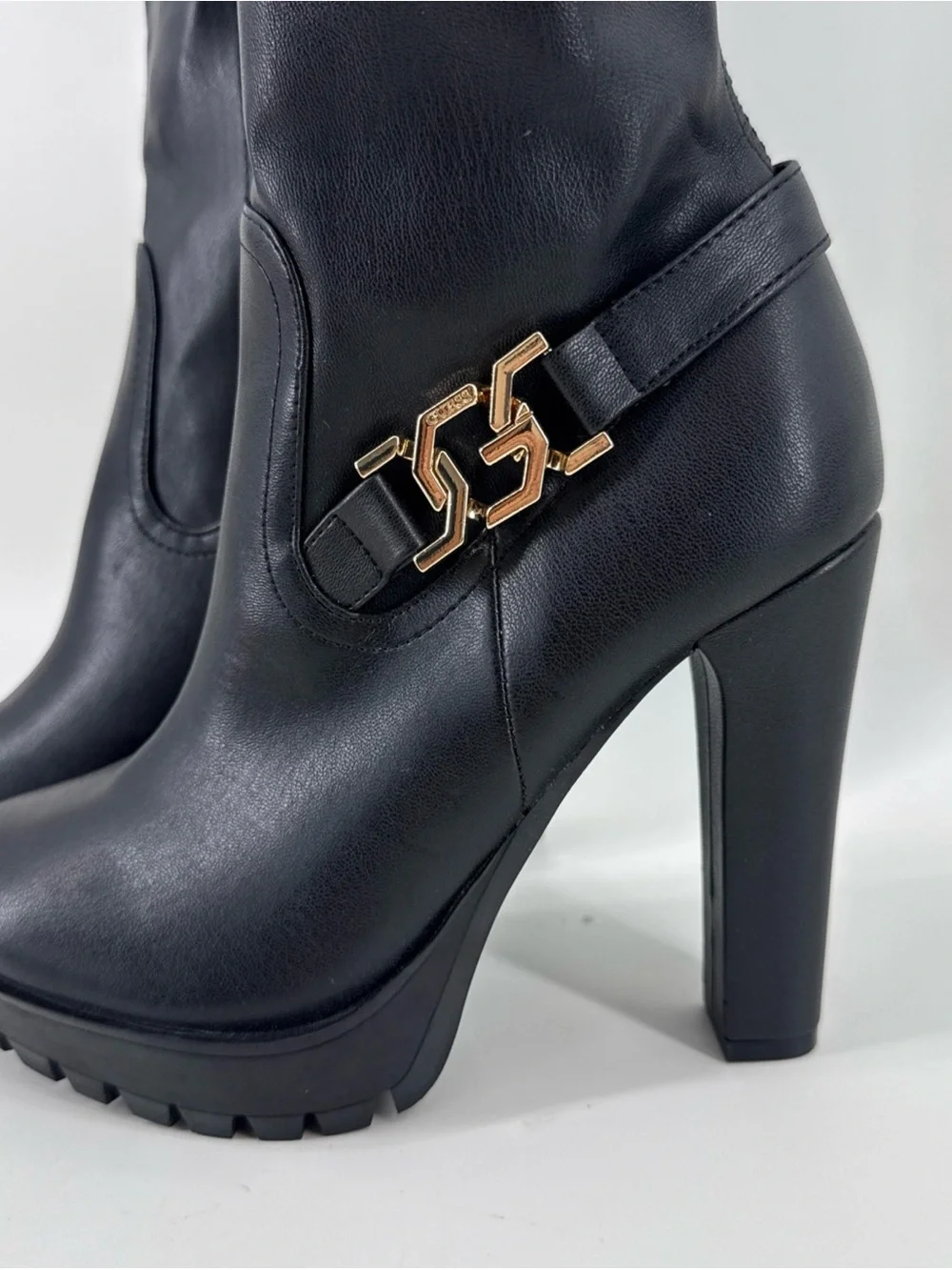 Guess Black Over-the-Knee Boots with Gold Chain Accent